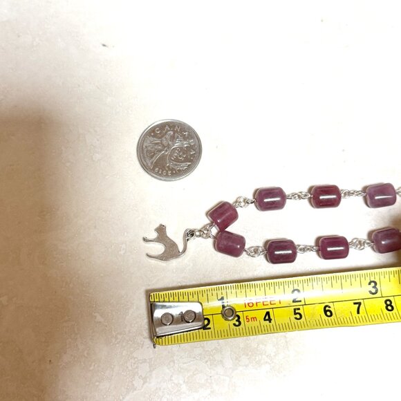 Genuine Magenta Chalcedony Short Necklace, Gemstone & Cute Slim Cat Charm - Picture 13 of 14